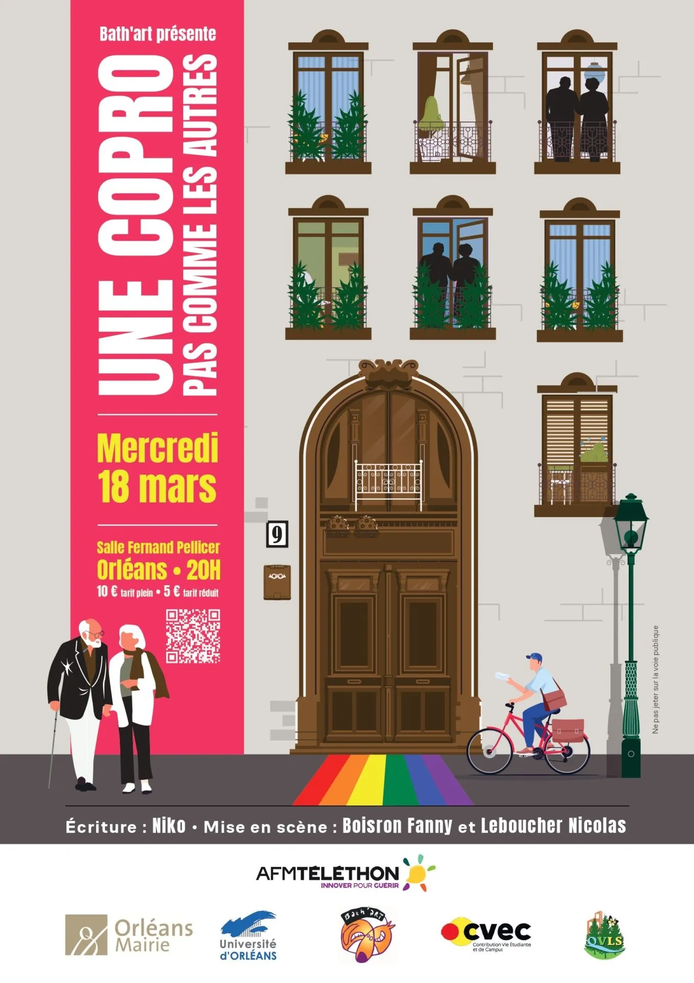 Affiche de la représentation du 18 mars 2026 salle Fernand Pellicer, avec le logo du Téléthon.